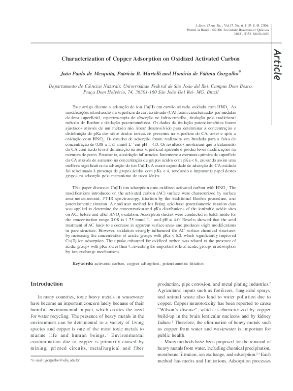 (PDF) Characterization of copper adsorption on oxidized activated carbon