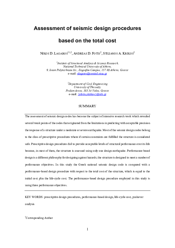 (PDF) Assessment of seismic design procedures based on the total cost