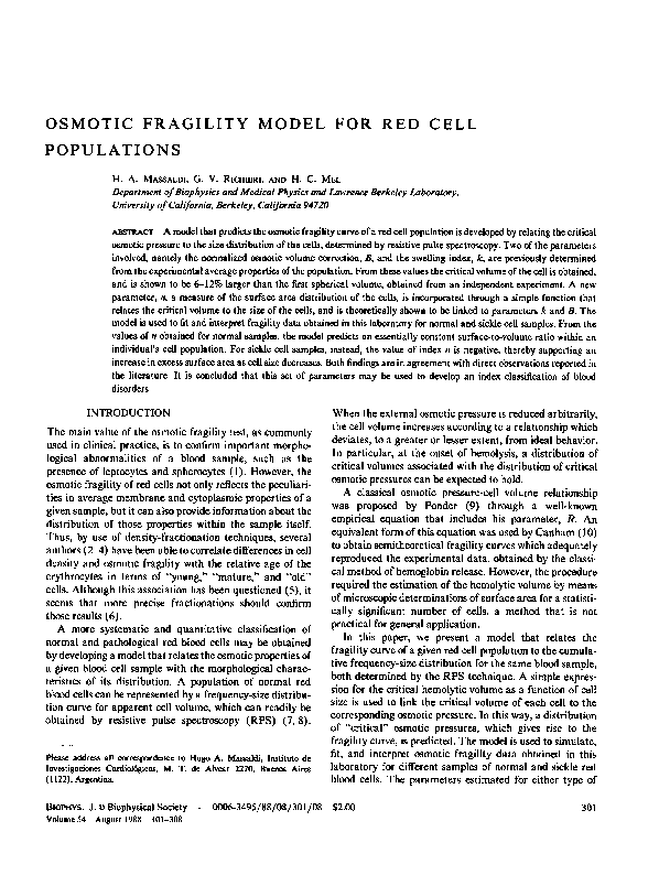 (PDF) Osmotic fragility model for red cell populations Hugo Massaldi