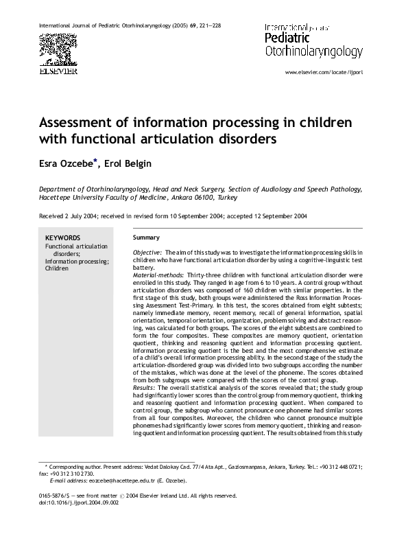 (PDF) Assessment of information processing in children with functional ...