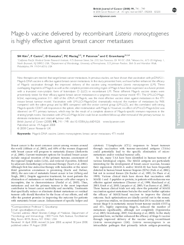 (PDF) Mage-b vaccine delivered by recombinant Listeria monocytogenes is ...