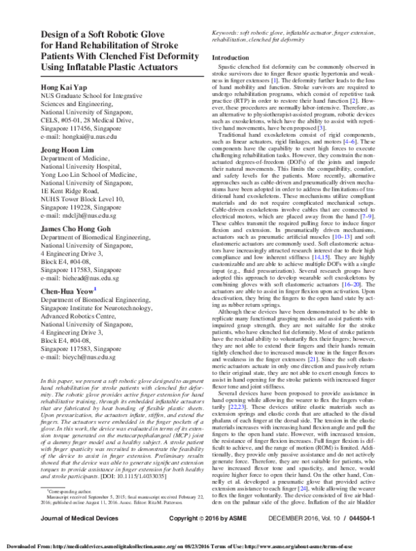 (PDF) Design of a Soft Robotic Glove for Hand Rehabilitation of Stroke