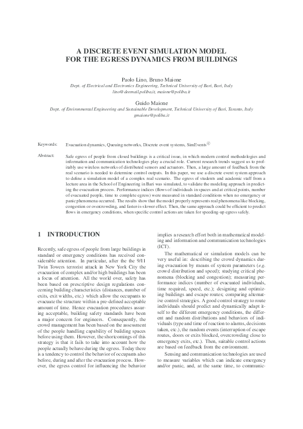 (PDF) A DISCRETE EVENT SIMULATION MODEL FOR THE EGRESS DYNAMICS FROM ...