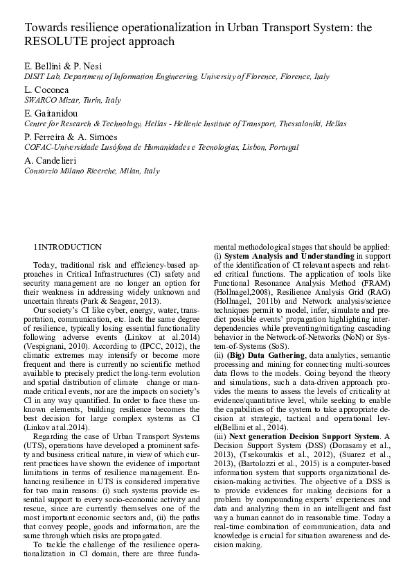 (PDF) Towards resilience operationalization in Urban Transport System the RESOLUTE project