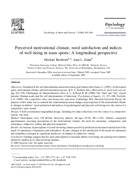 (PDF) Perceived motivational climate, need satisfaction and indices of ...