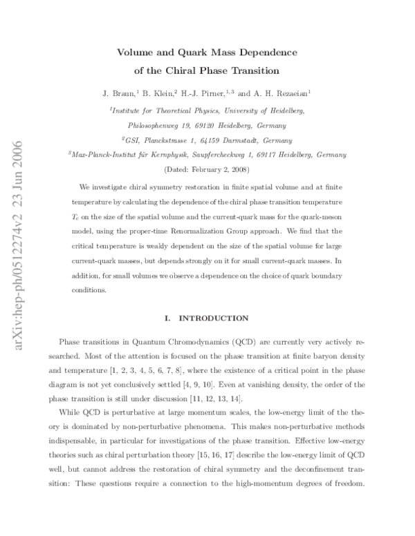 (PDF) Volume and quark mass dependence of the chiral phase transition