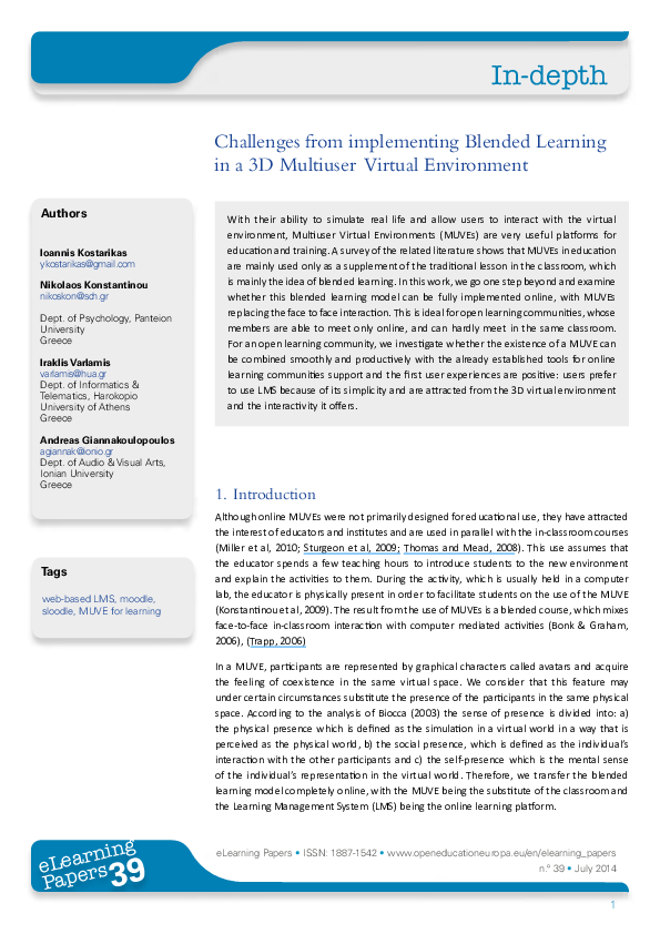 (PDF) Challenges from implementing Blended Learning in a 3D Multiuser ...