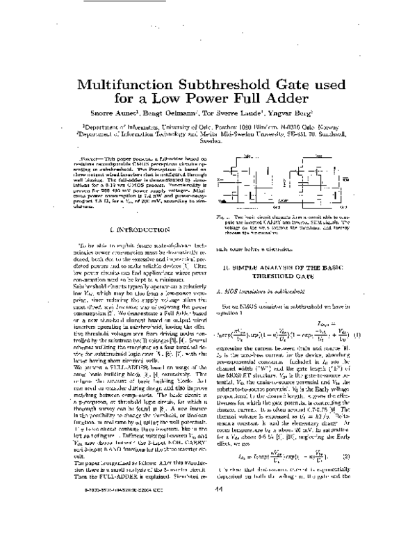 (PDF) Multifunction subthreshold gate used for a low power full adder