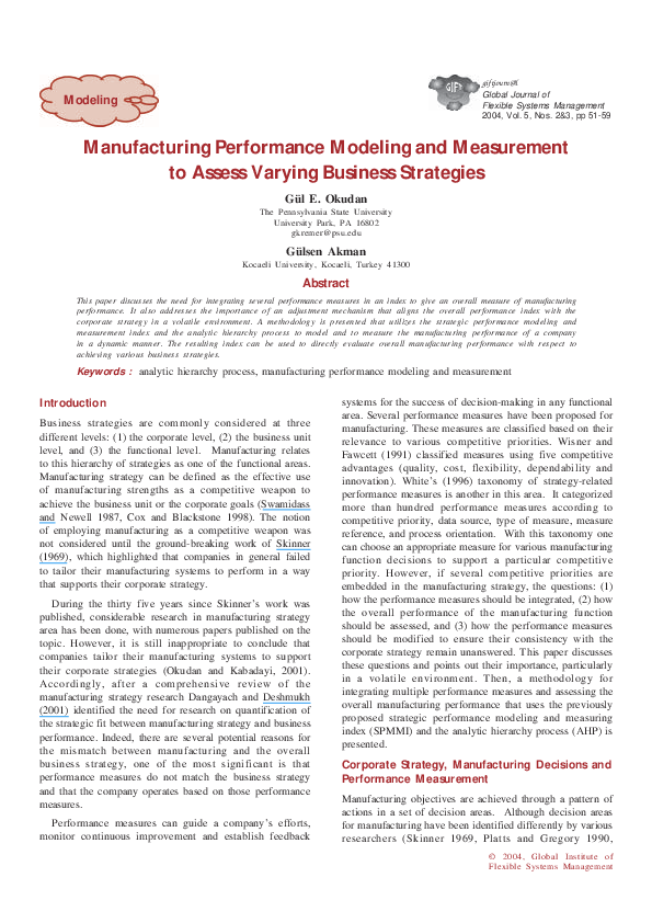 (PDF) Manufacturing performance modeling and measurement to assess ...