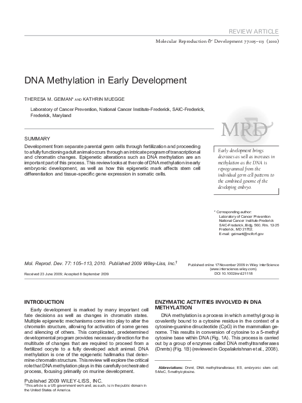 (PDF) DNA methylation in early development