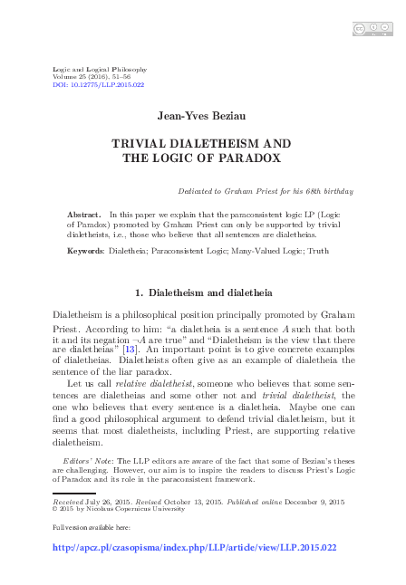 (PDF) TRIVIAL DIALETHEISM AND THE LOGIC OF PARADOX