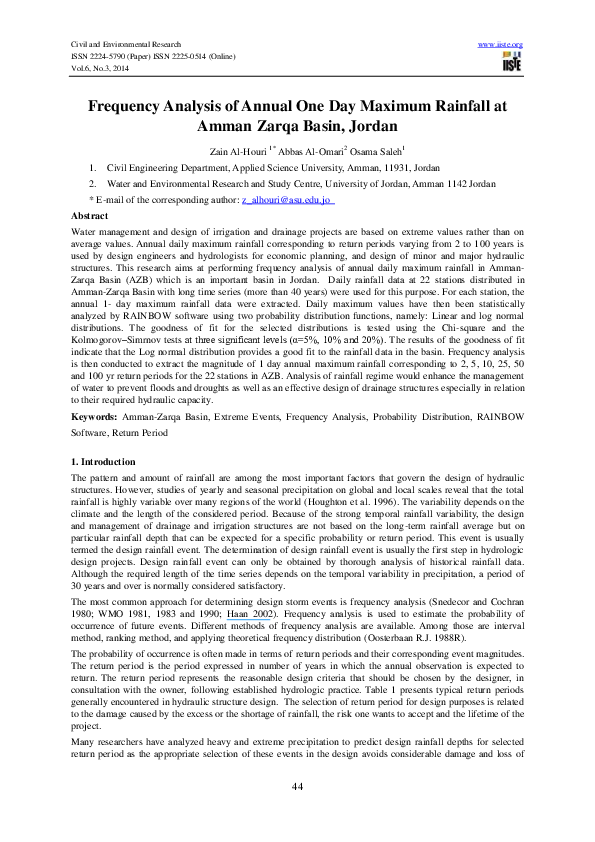 (PDF) Frequency Analysis of Annual One Day Maximum Rainfall at Amman ...