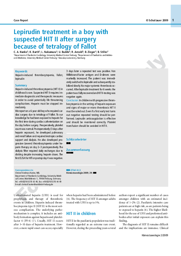 (PDF) Heparin induzierte Thrombozytopenie Typ II (HIT II) bei 6 ...