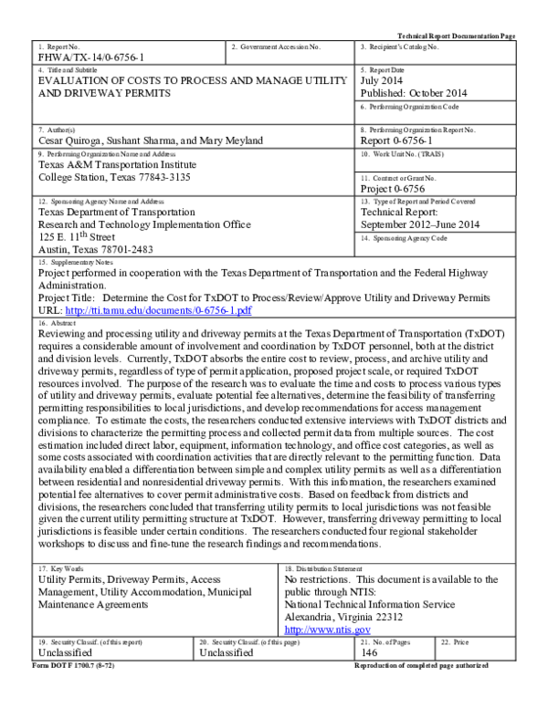 (PDF) Evaluation Of Costs To Process And Manage Utility And Driveway ...