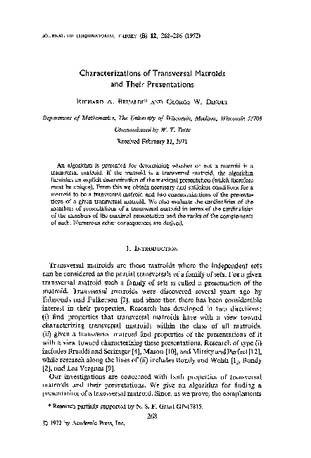 Pdf Characterizations Of Transversal Matroids And Their Presentations Pdf Characterizations Of Transversal Matroids And Their Presentations