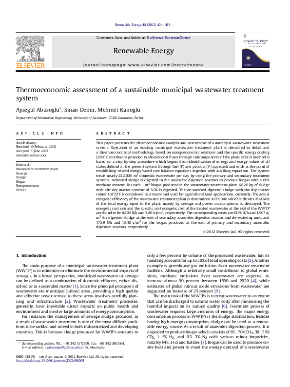 (PDF) Thermoeconomic assessment of a sustainable municipal wastewater ...
