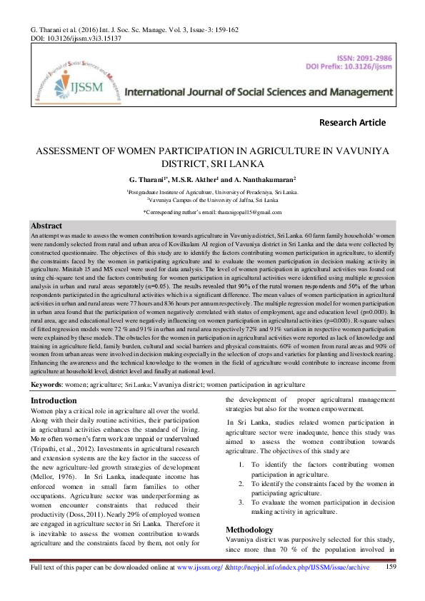 (PDF) ASSESSMENT OF WOMEN PARTICIPATION IN AGRICULTURE IN VAVUNIYA ...