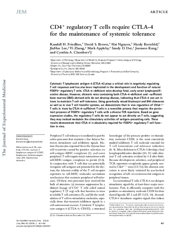 (PDF) CD4+ regulatory T cells require CTLA-4 for the maintenance of ...