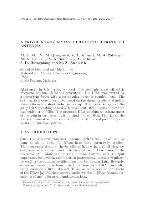 (PDF) A NOVEL 5.8 GHz HIGH GAIN ARRAY DIELECTRIC RESONATOR ANTENNA