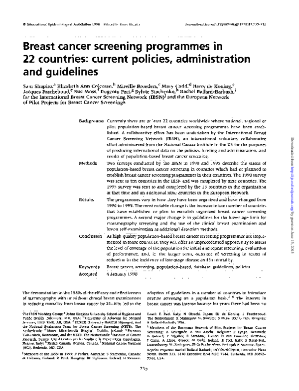 (PDF) Breast cancer screening programmes in 22 countries: current ...