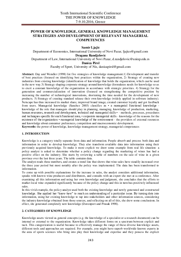 (PDF) POWER OF KNOWLEDGE, GENERAL KNOWLEDGE MANAGEMENT STRATEGIES AND ...