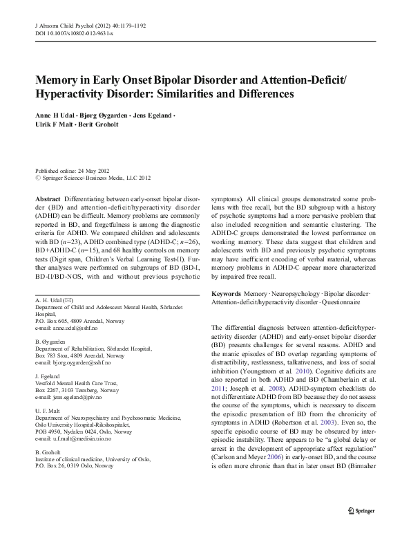 (PDF) Memory in Early Onset Bipolar Disorder and Attention-Deficit ...