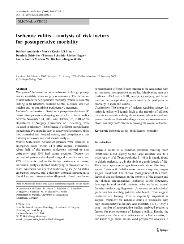 (PDF) Ischemic colitis—analysis of risk factors for postoperative
