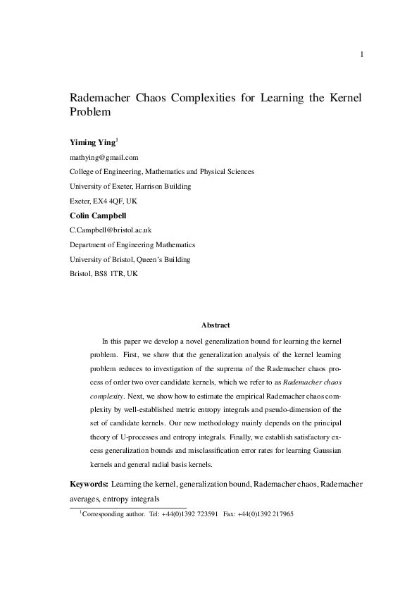 (PDF) Rademacher Chaos Complexities for Learning the Kernel Problem