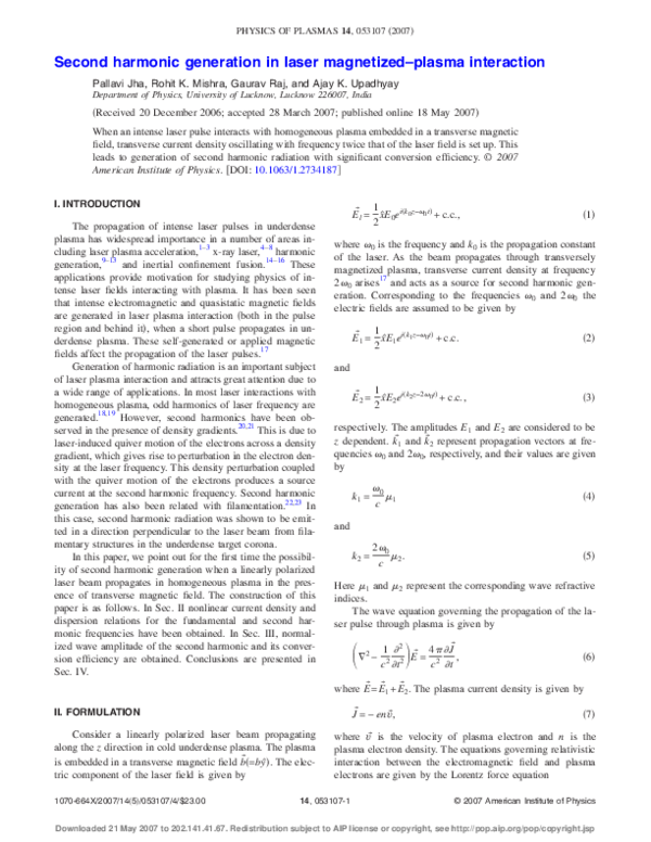 (PDF) Second harmonic generation in laser magnetized-plasma interaction