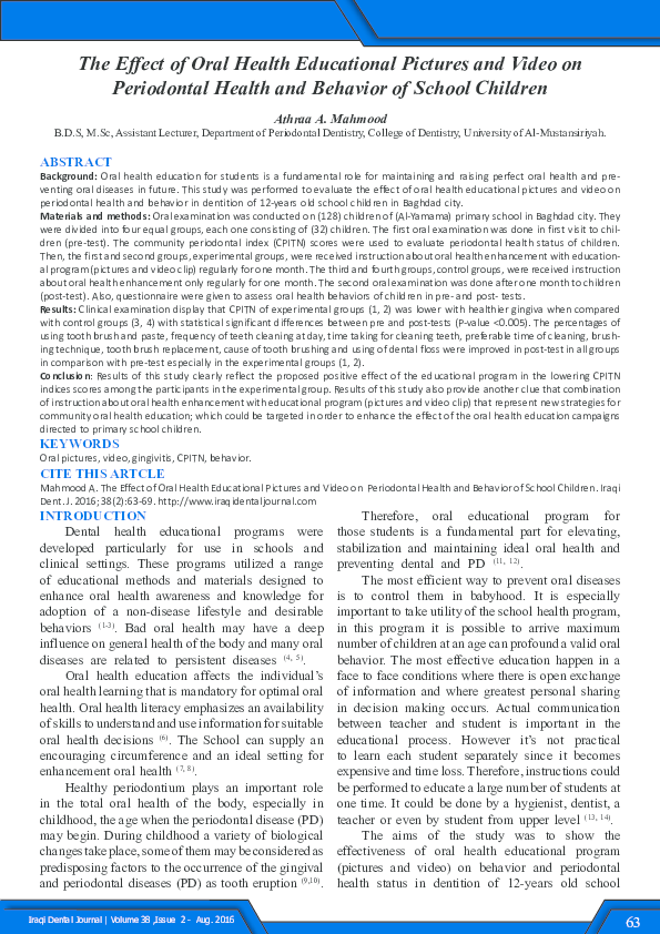 (PDF) The Effect of Oral Health Educational Pictures and Video on ...