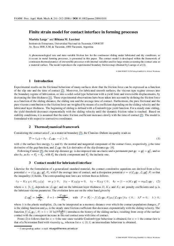 (PDF) Finite strain model for contact interface in forming processes