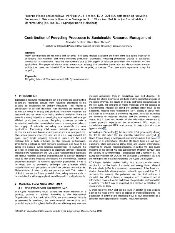 (PDF) Contribution of Recycling Processes to Sustainable Resource ...