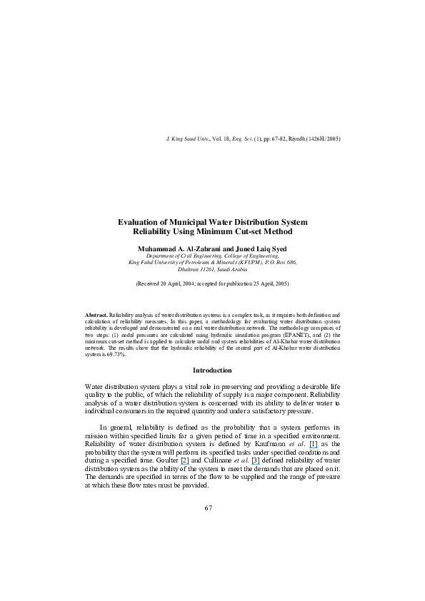 (PDF) Evaluation of Municipal Water Distribution System Reliability