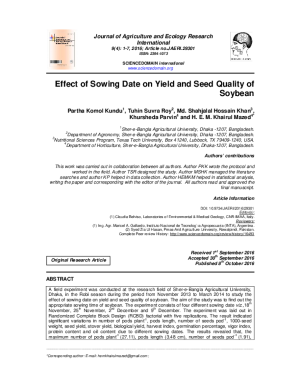 (PDF) 29. Effect of Sowing Date on Yield and Seed Quality of Soybean