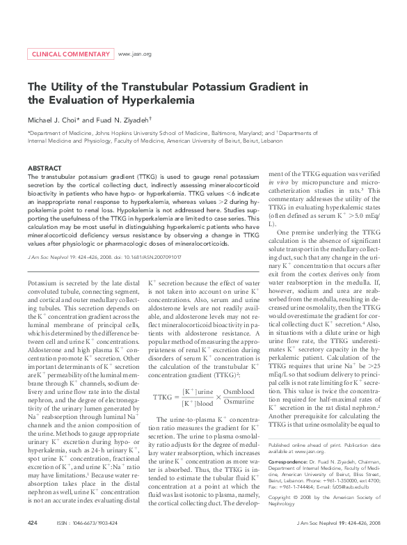 (PDF) The Utility of the Transtubular Potassium Gradient in the