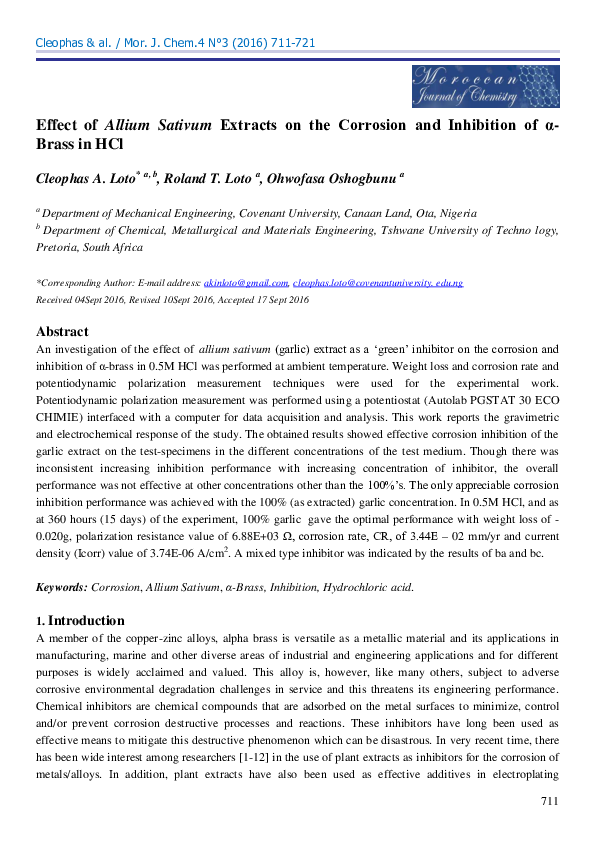 (PDF) Effect of Allium Sativum Extracts on the Corrosion and Inhibition ...