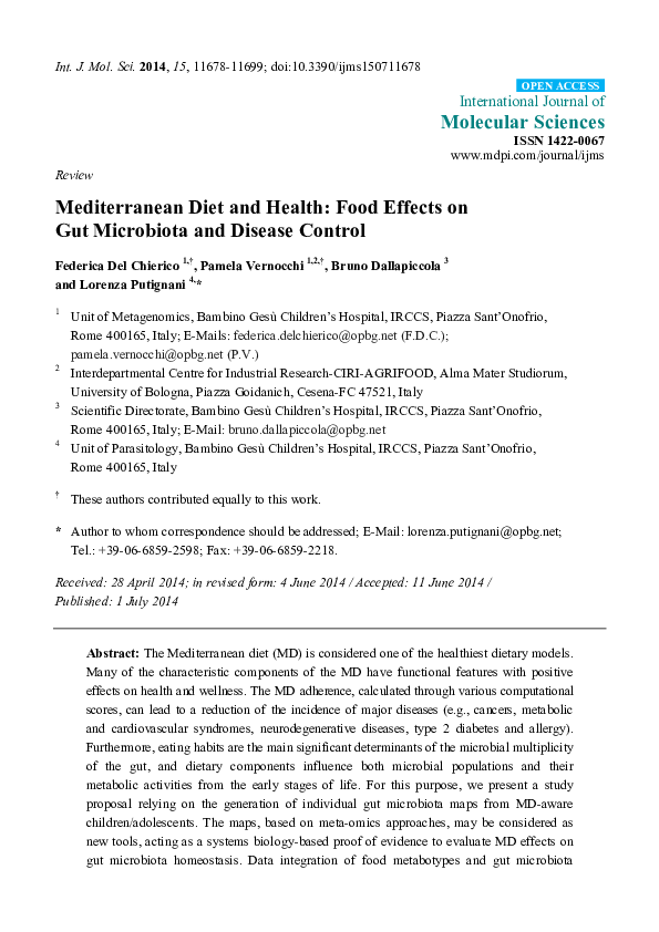 (PDF) Mediterranean diet and health: food effects on gut microbiota and ...