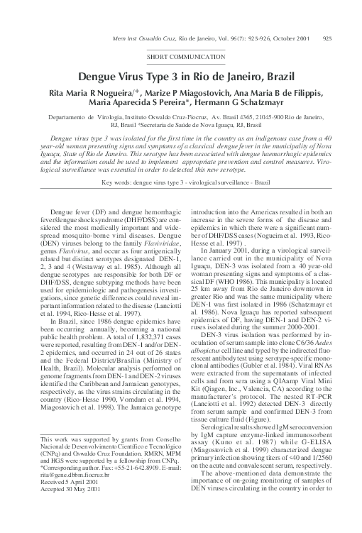 (PDF) Dengue virus type 3 in Rio de Janeiro, Brazil