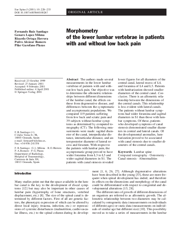 (PDF) Morphometry of the lower lumbar vertebrae in patients with and ...