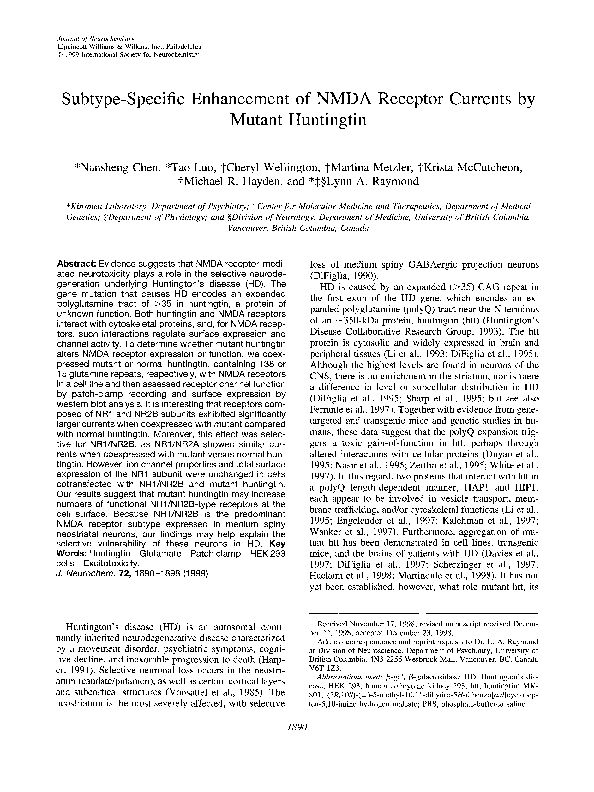 (PDF) Subtype-Specific Enhancement of NMDA Receptor Currents by Mutant ...