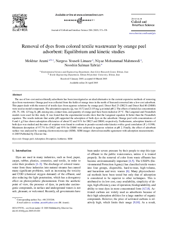(PDF) Removal of dyes from colored textile wastewater by orange peel ...
