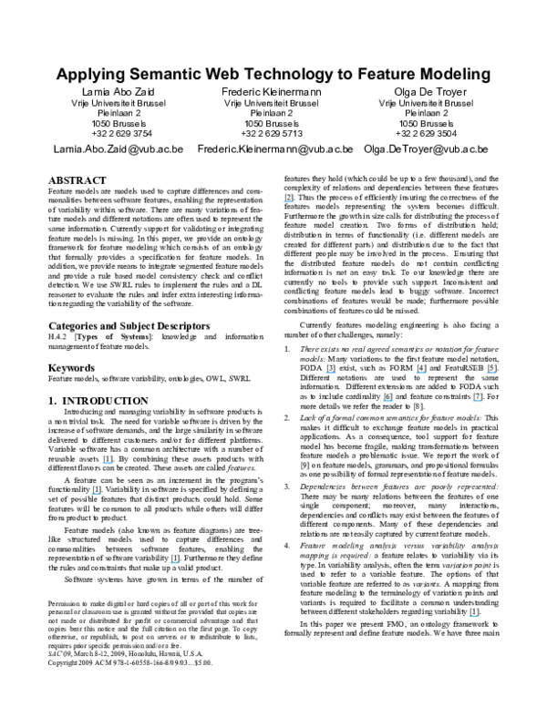 (PDF) Applying semantic web technology to feature modeling