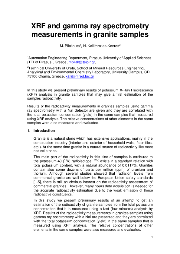 (PDF) XRF and gamma ray spectrometry measurements in granite samples