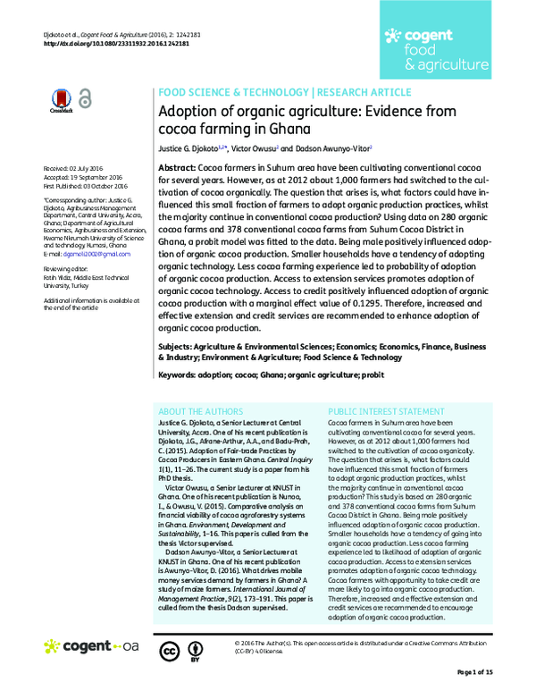 (PDF) Adoption of organic agriculture Evidence from cocoa farming in