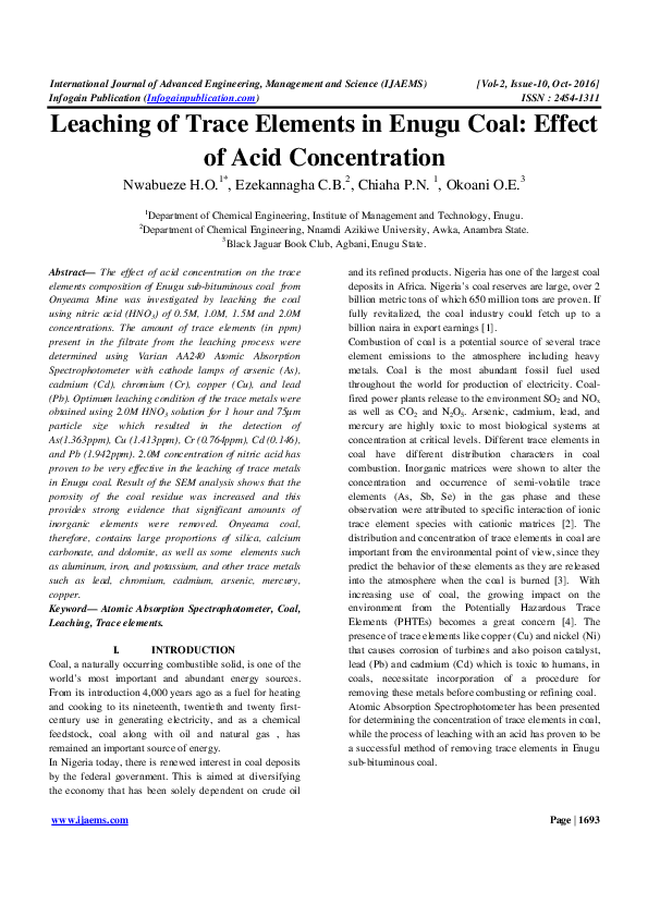(PDF) Leaching of Trace Elements in Enugu Coal: Effect of Acid ...