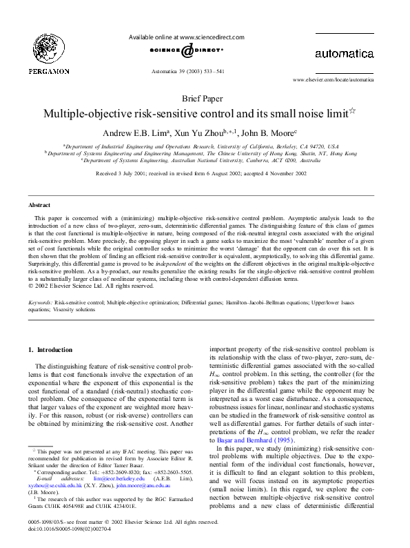 (PDF) Multiple-objective risk-sensitive control and its small noise limit