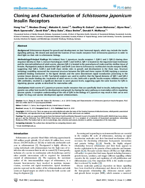 (PDF) Cloning and characterisation of Schistosoma japonicum insulin ...