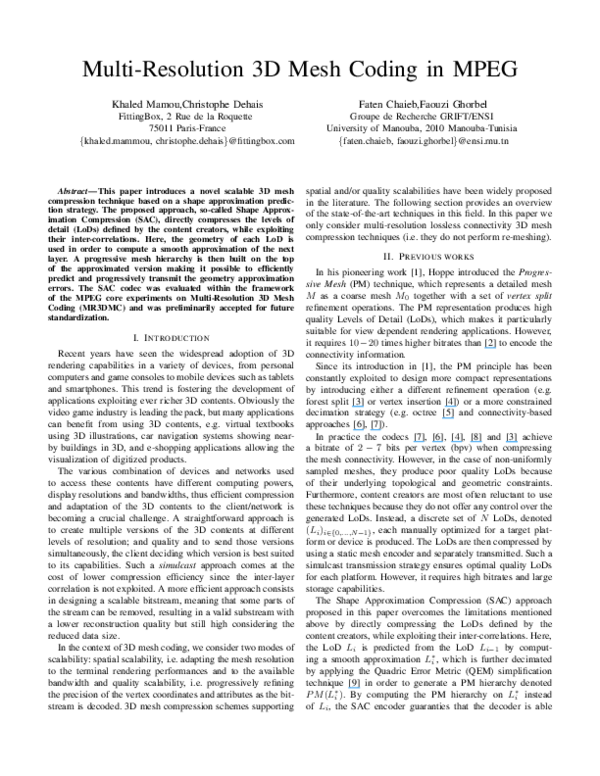 (PDF) Multi-resolution 3D Mesh Coding in MPEG