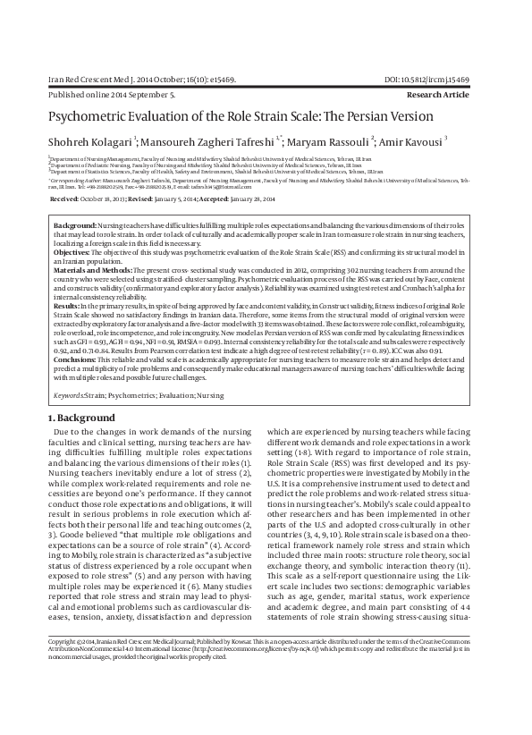 (PDF) Psychometric Evaluation of the Role Strain Scale: The Persian Version