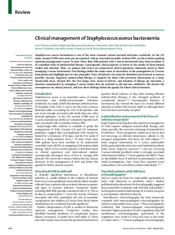 (PDF) Clinical management of Staphylococcus aureus bacteraemia